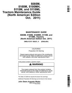 John Deere 5085M; 5100M; 5100MH; 5115M; 5115ML Tractor Maintenance guide OMSJ13757 — actual manual cover