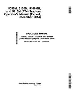 John Deere 5085M, 5100M, 5100MH, 5115M FT4 Agricultural tractor Operator's manual OMSU41485 — actual manual cover