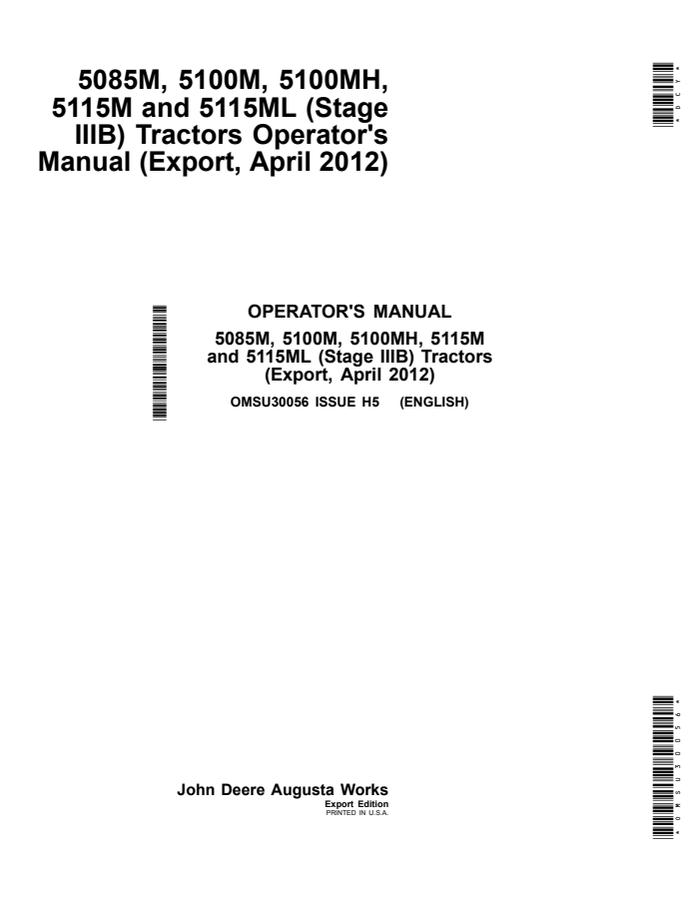 John Deere 5085M; 5100M; 5100MH; 5115M (Stage IIIB) Tractor Operator manual OMSU30056 — actual manual cover