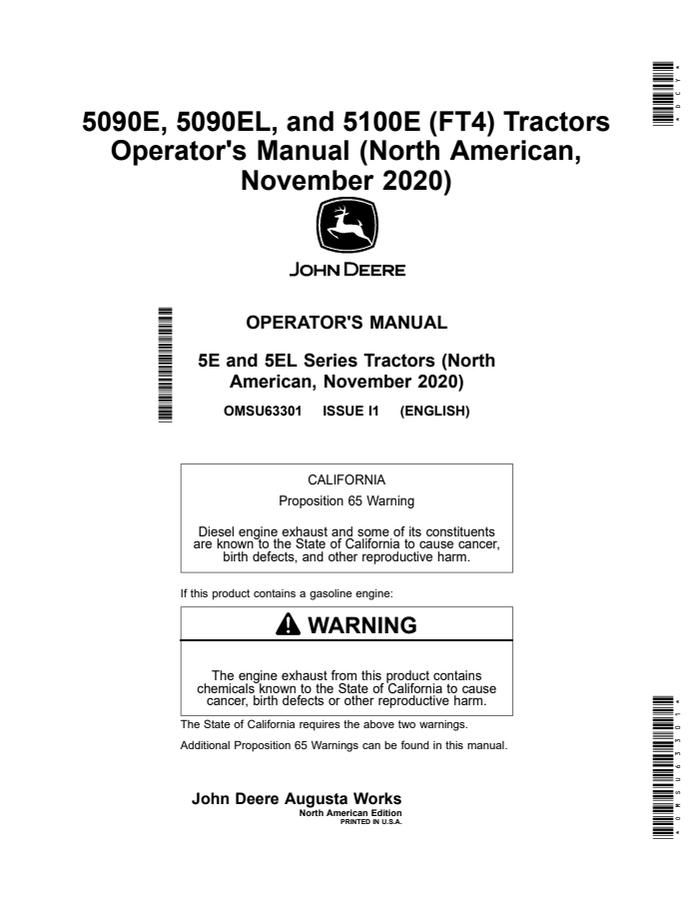 John Deere 5090E; 5090EL; 5100E (FT4) Tractor Operator manual OMSU63301 — actual manual cover