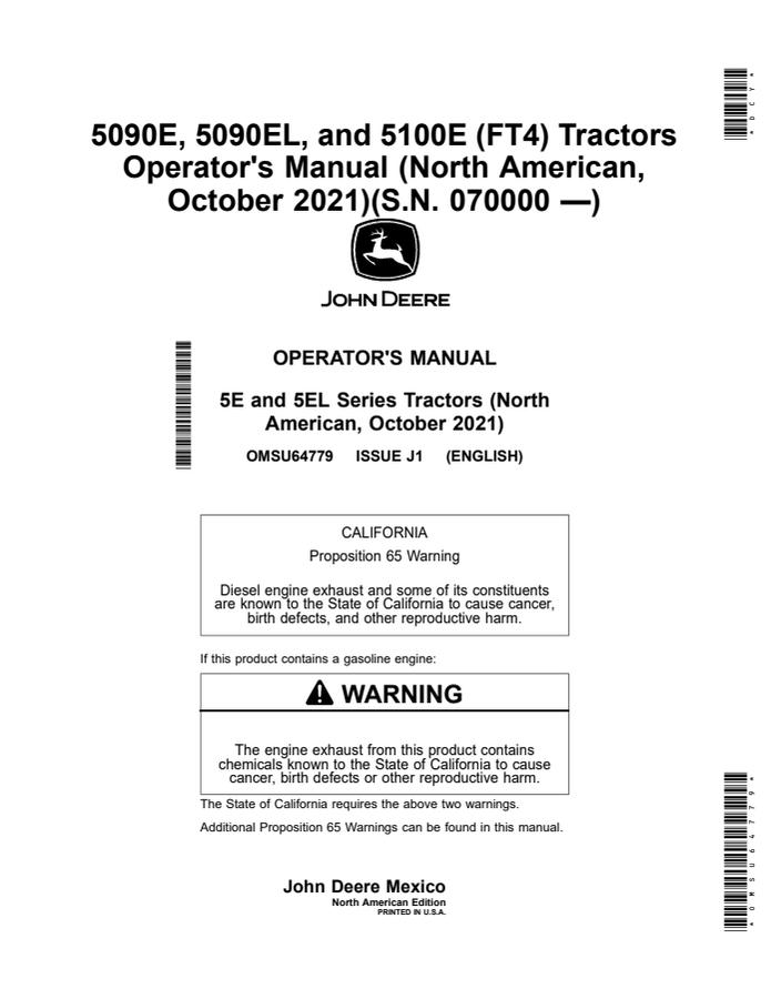 John Deere 5090E; 5090EL; 5100E (FT4) Tractor Operator manual OMSU64779 — actual manual cover