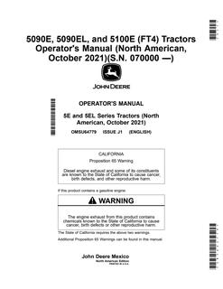 John Deere 5090E; 5090EL; 5100E (FT4) Tractor Operator manual OMSU64779 — actual manual cover