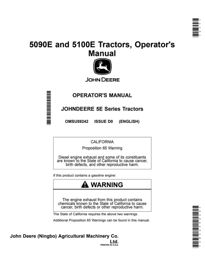 John Deere 5090E; 5100E Tractor Operator manual OMSU59242 — actual manual cover