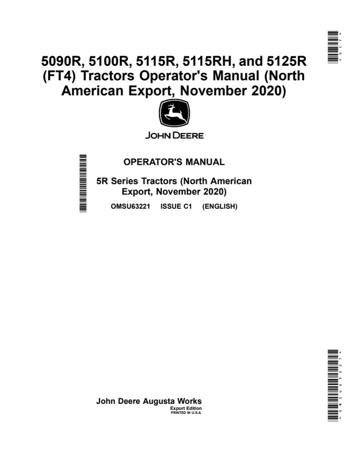 John Deere 5090R; 5100R; 5115R; 5115RH; 5125R (FT4) Tractor Operator manual OMSU63221 — actual manual cover