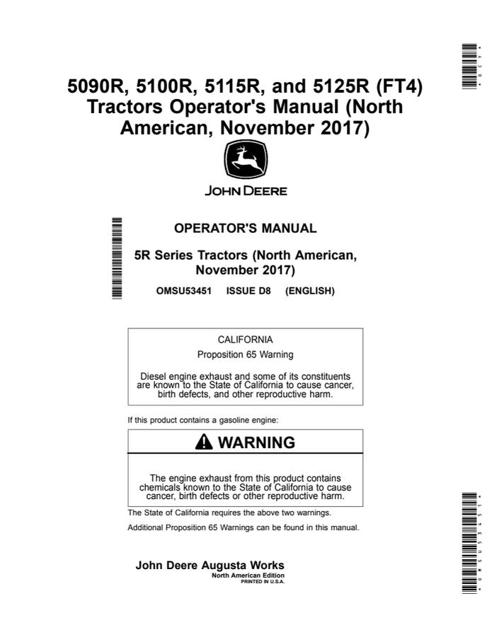 John Deere 5090R; 5100R; 5115R; 5125R (FT4) Tractor Operator manual OMSU53451 — actual manual cover