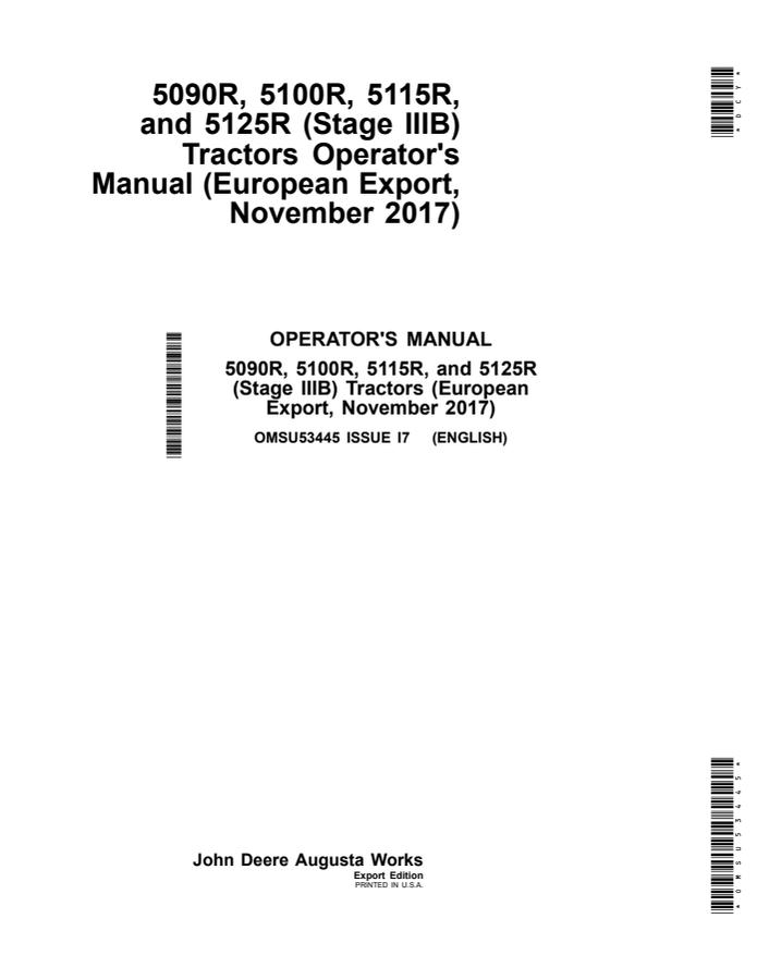 John Deere 5090R; 5100R; 5115R; 5125R (Stage IIIB) Tractor Operator manual OMSU53445 — actual manual cover