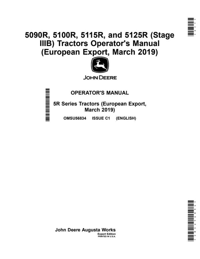 John Deere 5090R; 5100R; 5115R; 5125R (Stage IIIB) Tractor Operator manual OMSU56834 — actual manual cover