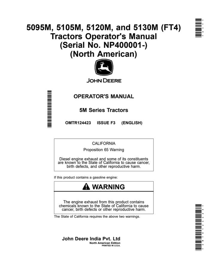 John Deere 5095M; 5105M; 5120M; 5130M (FT4) Tractor Operator manual OMTR124423 — actual manual cover