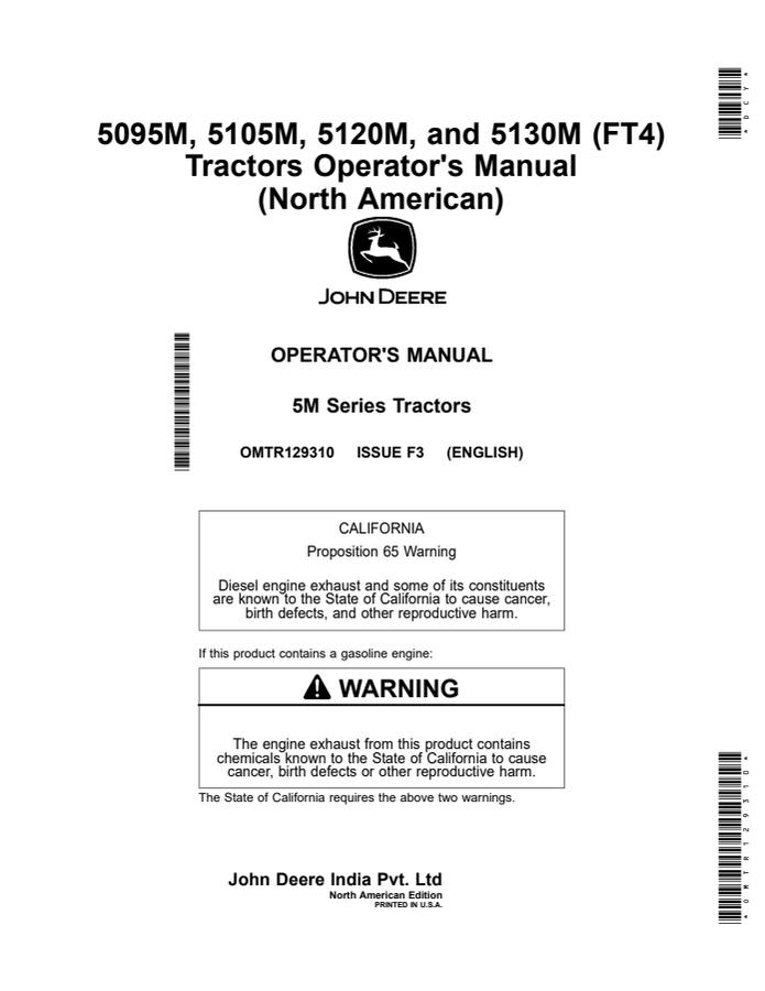 John Deere 5095M; 5105M; 5120M; 5130M (FT4) Tractor Operator manual OMTR129310 — actual manual cover