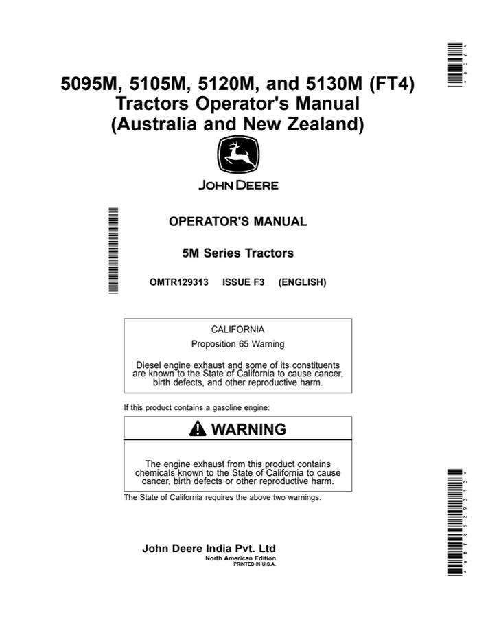 John Deere 5095M; 5105M; 5120M; 5130M (FT4) Tractor Operator manual OMTR129313 — actual manual cover