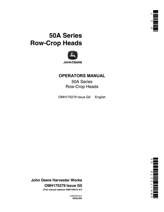 John Deere 50A Series Row-Crop Heads Row-crop head Operator's manual OMH175279 — actual manual cover