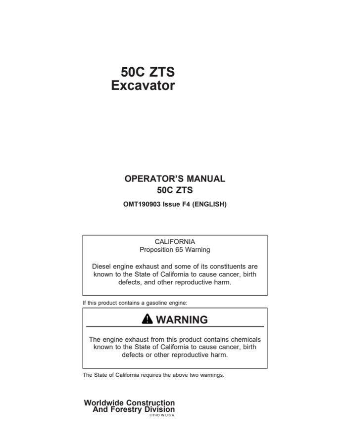 John Deere 50C ZTS Excavator Operator manual OMT190903 — actual manual cover