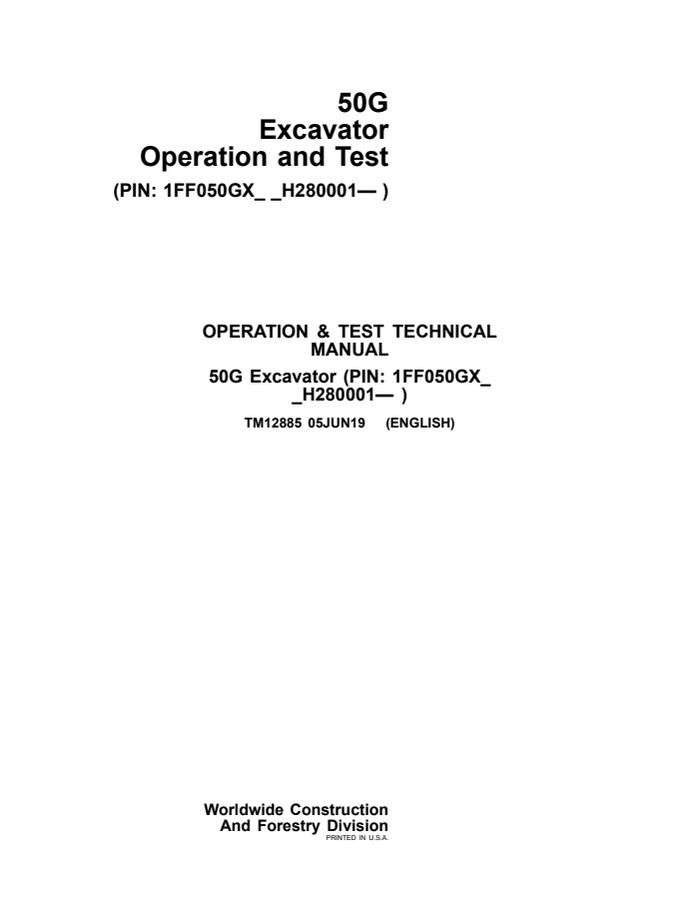 John Deere 50G Excavator Operation and test manual TM12885 — actual manual cover