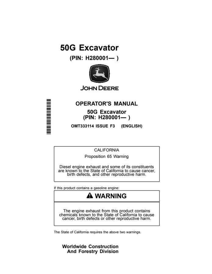 John Deere 50G Excavator Operator manual OMT333114 — actual manual cover