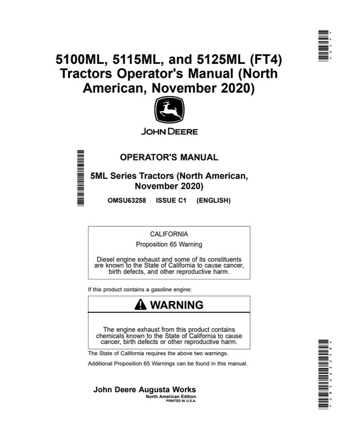 John Deere 5100ML; 5115ML; 5125ML (FT4) Tractor Operator manual OMSU63258 — actual manual cover