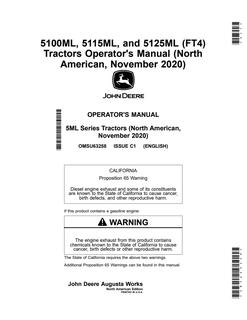 John Deere 5100ML; 5115ML; 5125ML (FT4) Tractor Operator manual OMSU63258 — actual manual cover