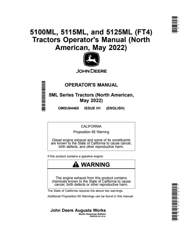John Deere 5100ML; 5115ML; 5125ML (FT4) Tractor Operator manual OMSU64465 — actual manual cover