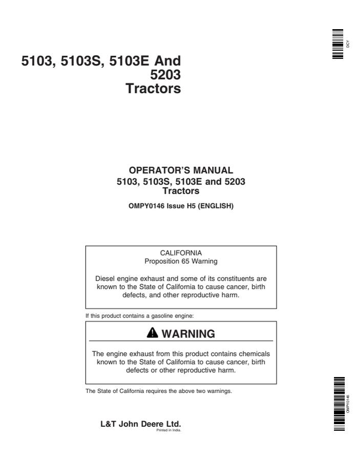 John Deere 5103; 5103S; 5103E; 5203 Tractor Operator manual OMPY0146 — actual manual cover