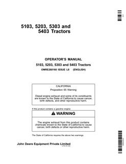 John Deere 5103, 5203, 5303, 5403 Agricultural tractor Operator's manual OMRE268160 — actual manual cover