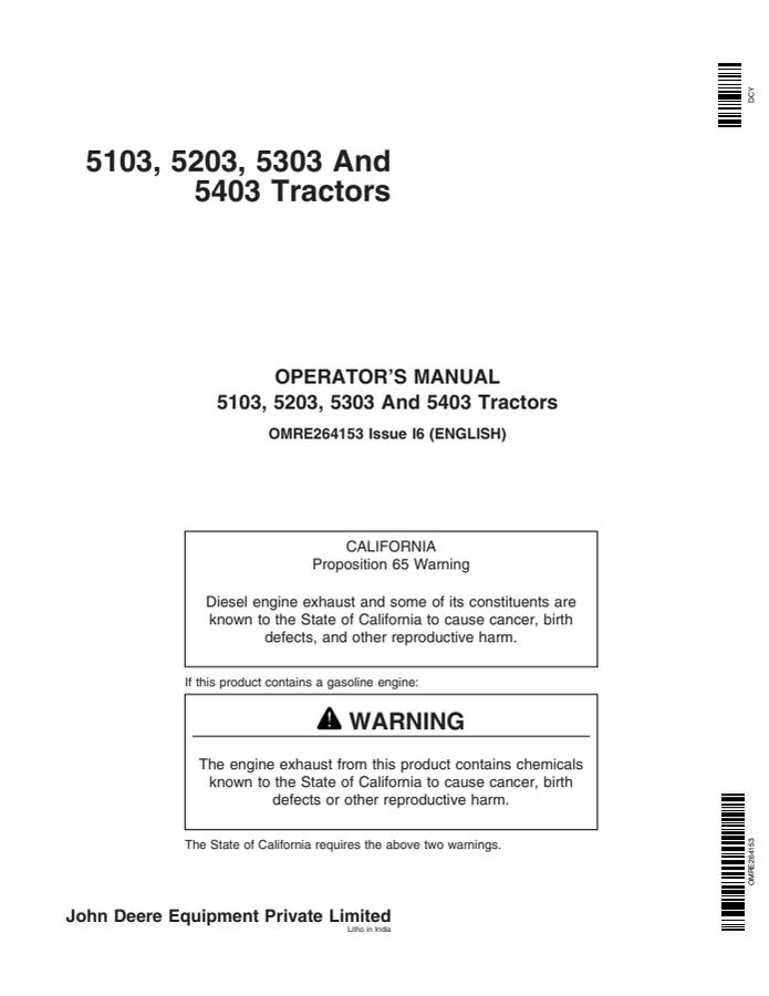 John Deere 5103; 5203; 5303; 5403 Tractor Operator manual OMRE264153 — actual manual cover