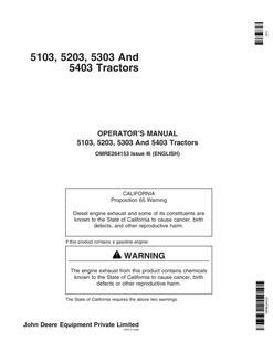 John Deere 5103; 5203; 5303; 5403 Tractor Operator manual OMRE264153 — actual manual cover