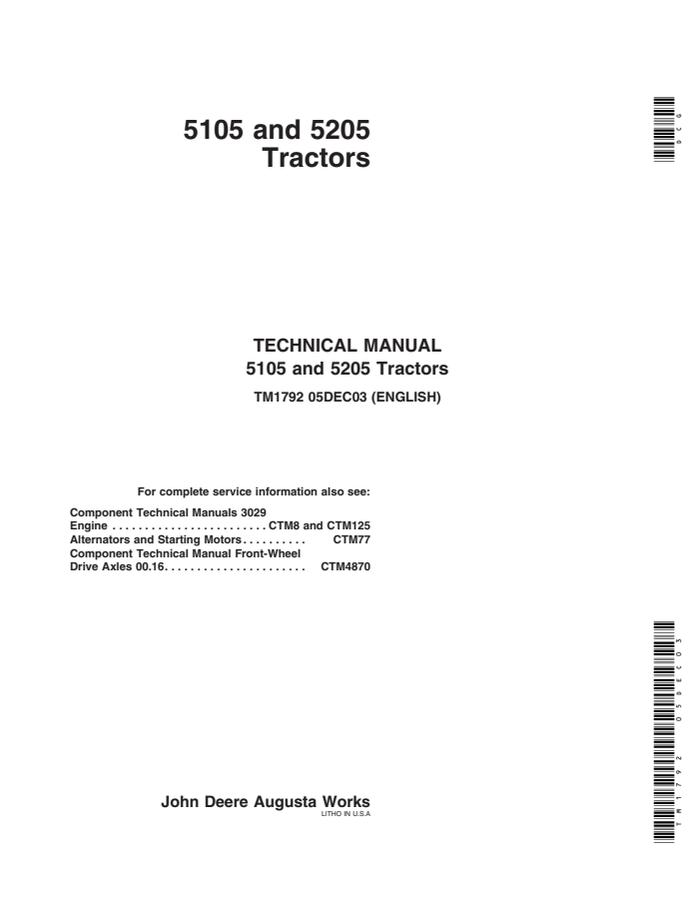 John Deere 5105, 5205 Tractor Technical manual TM1792 — actual manual cover
