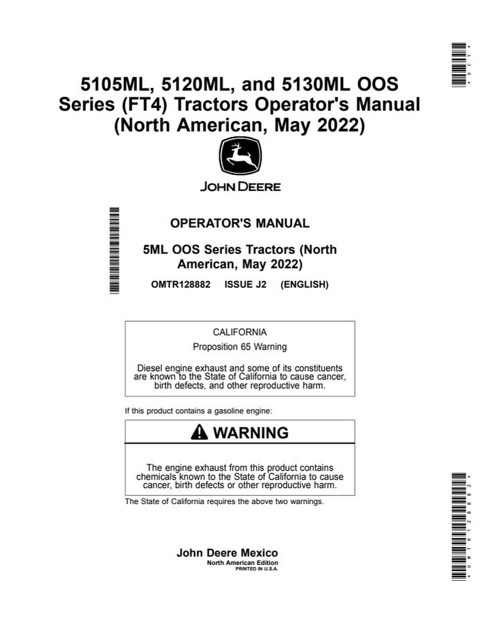 John Deere 5105ML; 5120ML; 5130ML OOS Series (FT4) Tractor Operator manual OMTR128882 — actual manual cover