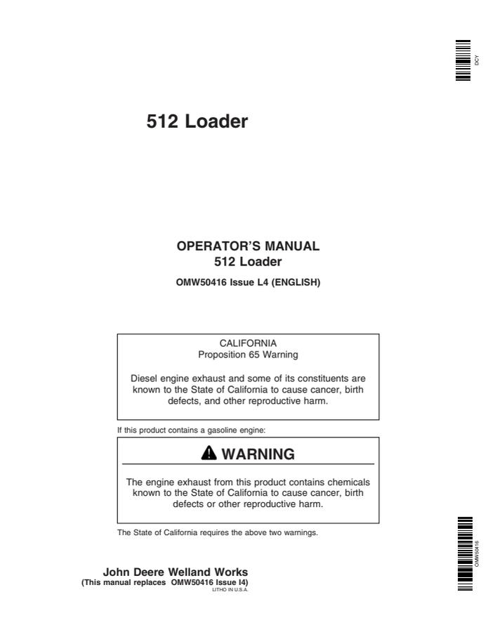 John Deere 512 Loader Operator manual OMW50416 — actual manual cover