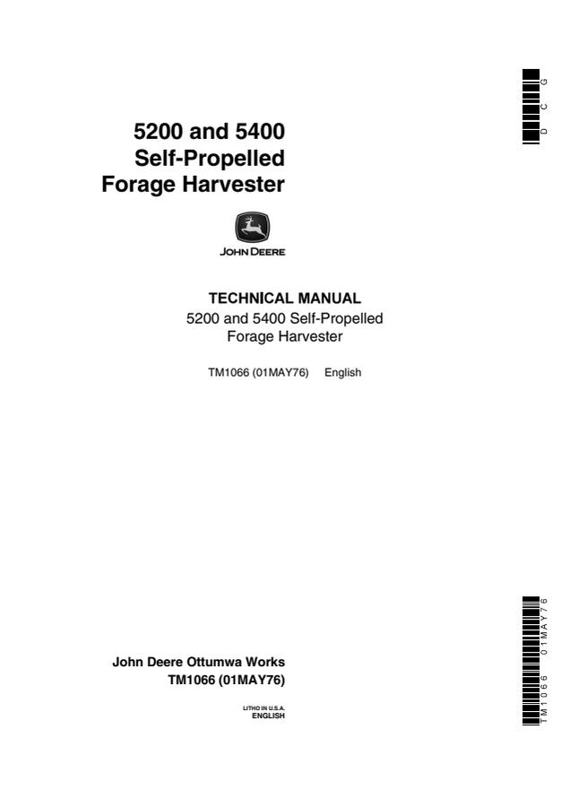 John Deere 5200, 5400 Self-propelled forage harvester Technical manual TM1066 — actual manual cover