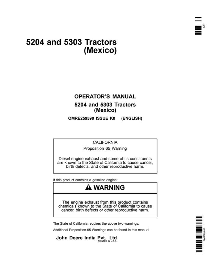 John Deere 5204; 5303 Tractor Operator manual OMRE259590 — actual manual cover