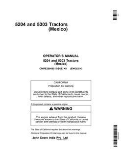John Deere 5204; 5303 Tractor Operator manual OMRE259590 — actual manual cover