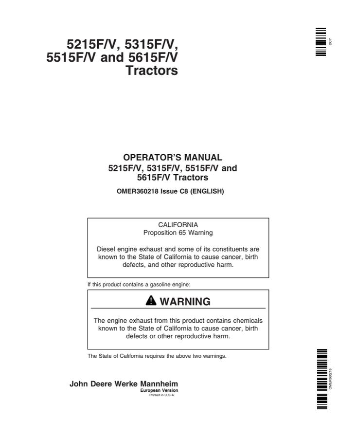 John Deere 5215F/V; 5315F/V; 5515F/V; 5615F/V Tractor Operator manual OMER360218 — actual manual cover