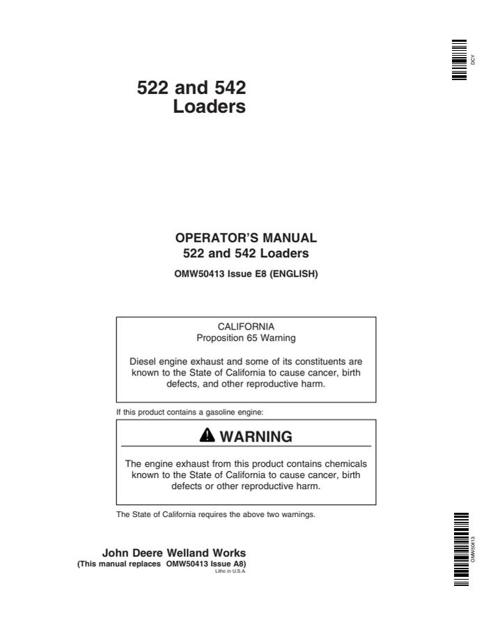John Deere 522, 542 Loader Operator's manual OMW50413 — actual manual cover