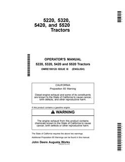 John Deere 5220; 5320; 5420; 5520 Tractor Operator manual OMRE199128 — actual manual cover