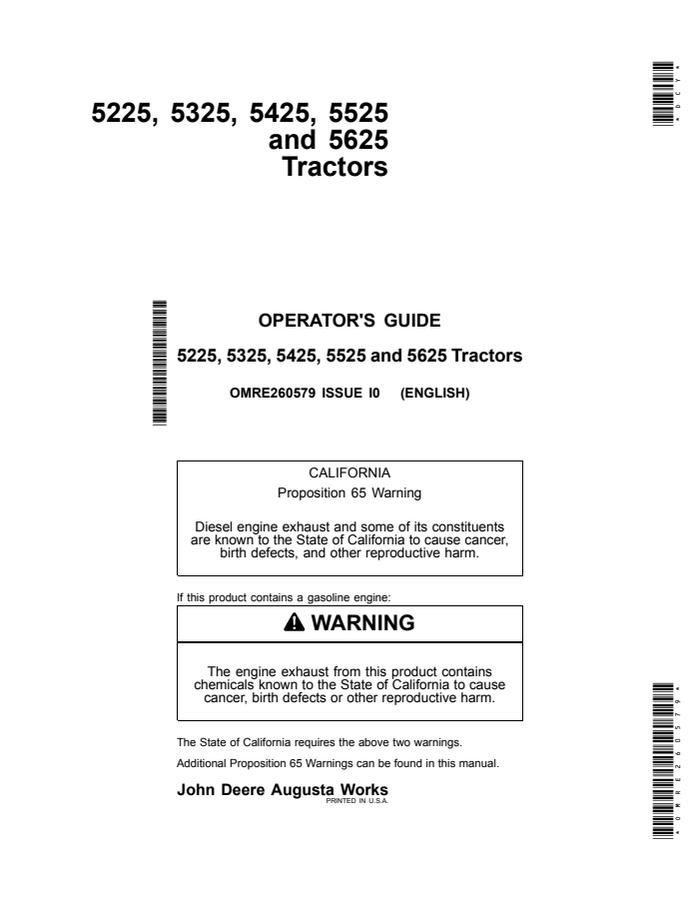 John Deere 5225; 5325; 5425; 5525; 5625 Tractor Operator guide OMRE260579 — actual manual cover