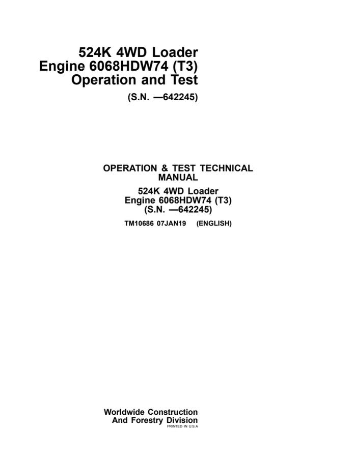 John Deere 524K 4WD Loader Engine 6068HDW74 (T3) Operation and Test Manual — actual manual cover