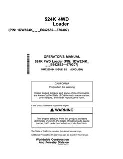 John Deere 524K 4WD loader Operator manual OMT260584 — actual manual cover
