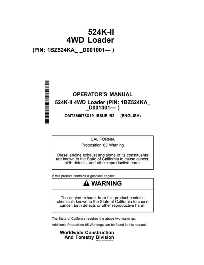 John Deere 524K-II Loader Operator manual OMT386078X19 — actual manual cover