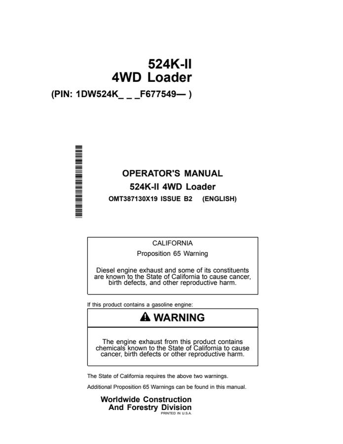 John Deere 524K-II Wheel loader Operator manual OMT387130X19 — actual manual cover