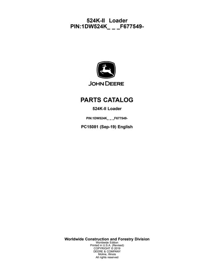 John Deere 524K-II Wheel loader Parts catalog PC15081 — actual manual cover