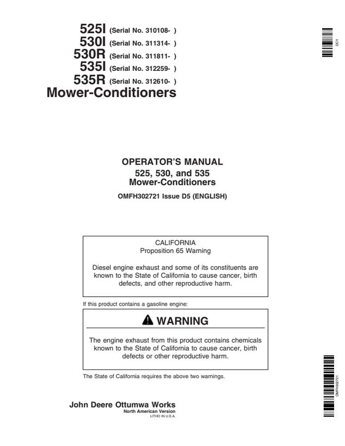 John Deere 525; 530; 535 Mower-conditioner Operator manual OMFH302721 — actual manual cover