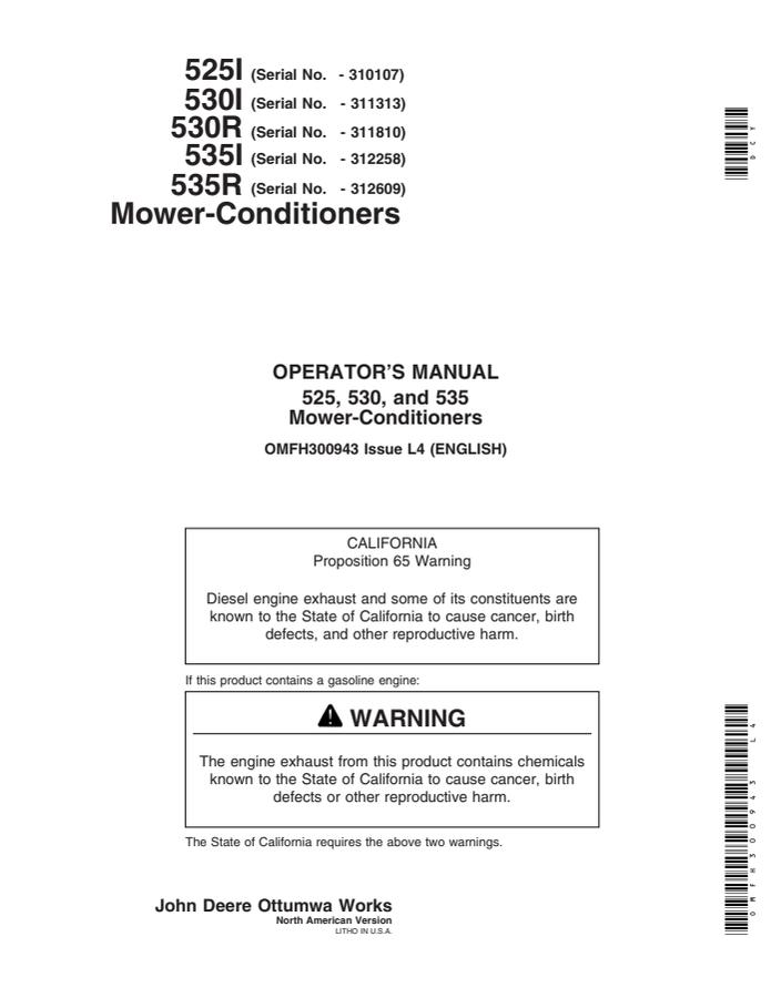 John Deere 525, 530, 535 Mower-Conditioners Operator manual — actual manual cover