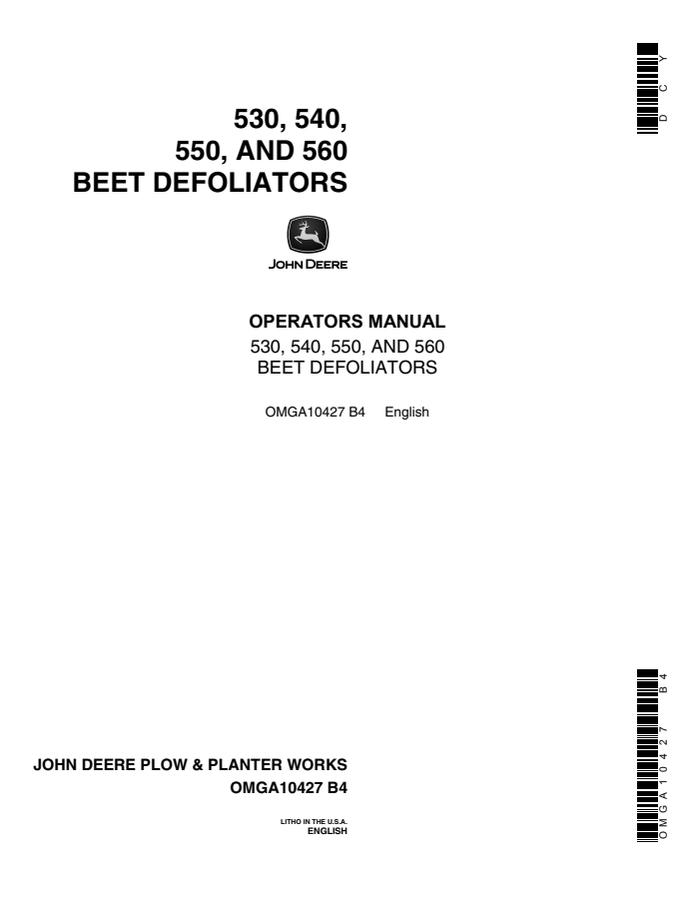 John Deere 530; 540; 550; 560 Beet defoliator Operator manual OMGA10427 — actual manual cover