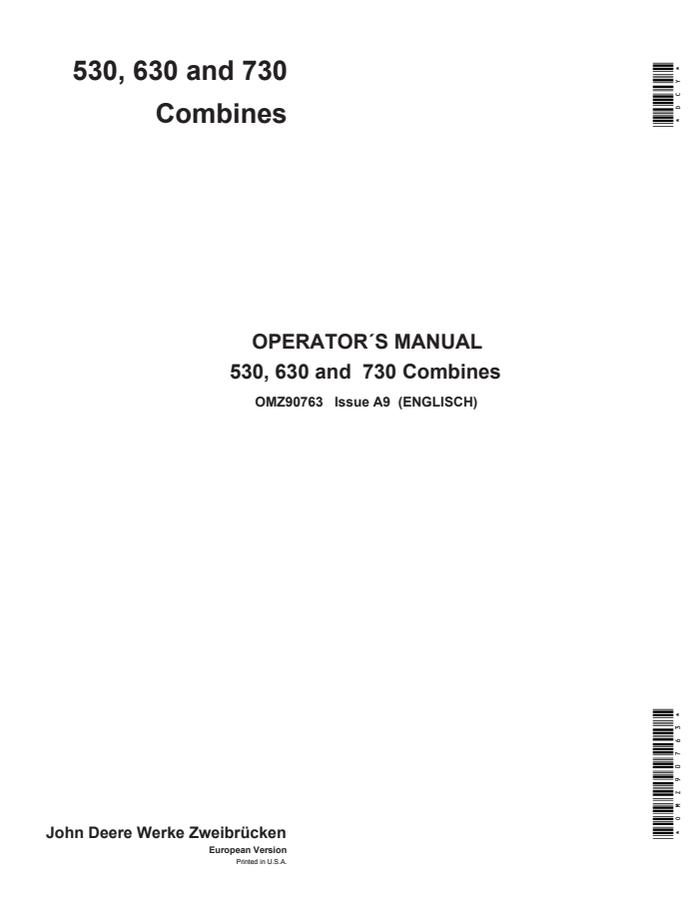 John Deere 530; 630; 730 Combine Operator manual OMZ90763 — actual manual cover