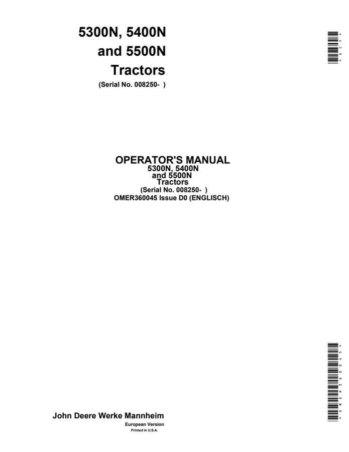 John Deere 5300N; 5400N; 5500N Tractor Operator manual OMER360045 — actual manual cover