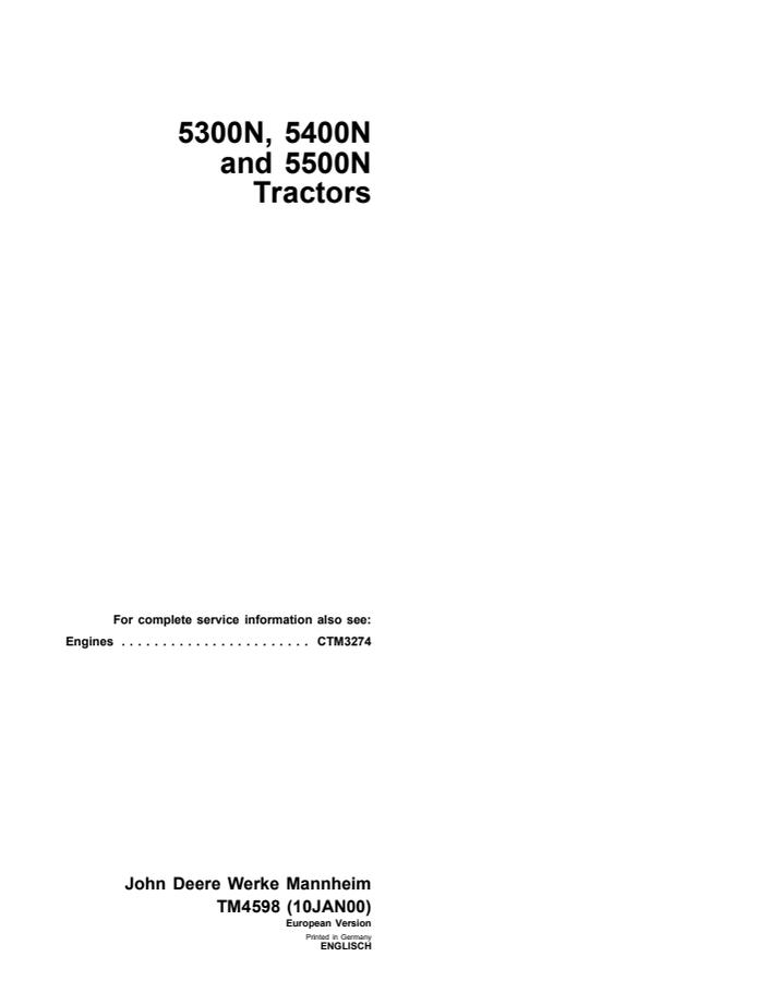 John Deere 5300N, 5400N, 5500N Tractor Technical manual TM4598 — actual manual cover