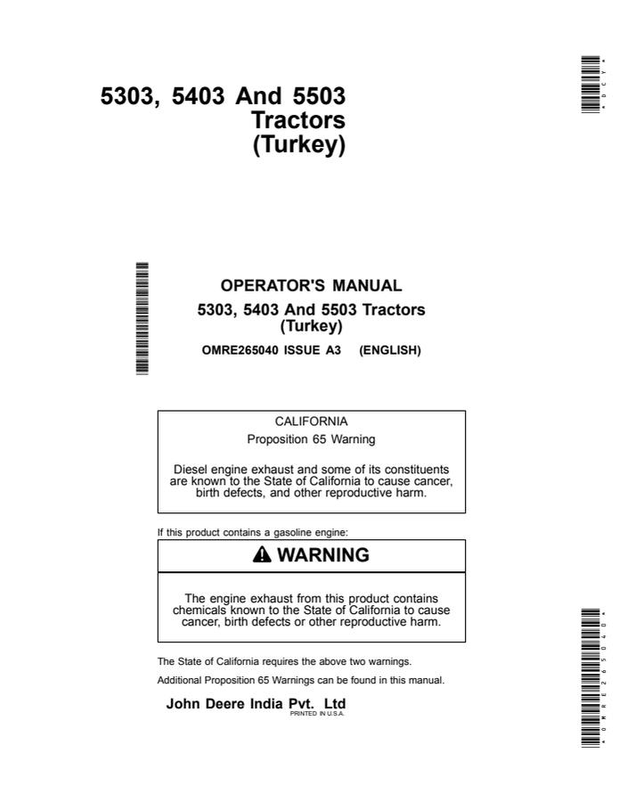 John Deere 5303; 5403; 5503 Tractor Operator manual OMRE265040 — actual manual cover