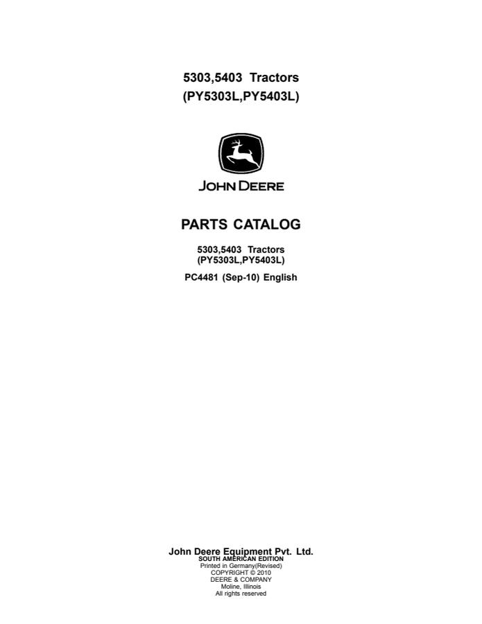 John Deere 5303, 5403 (PY5303L, PY5403L) Tractor Parts catalog PC4481 — actual manual cover