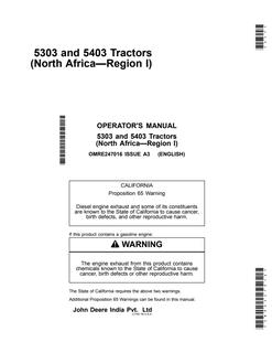 John Deere 5303; 5403 Tractor Operator manual OMRE247016 — actual manual cover