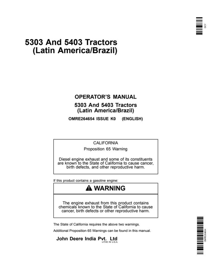 John Deere 5303; 5403 Tractor Operator manual OMRE264654 — actual manual cover